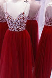 Burgundy Spaghetti Straps Beading Long Evening Dresses