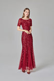 Elegant Mermaid Burgundy Tulle Prom Dresses Round Neck Long Evening Dresses XU90801