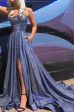 Sparkly Spaghetti Straps Satin Split Criss Cross Back Prom Dresses with Pockets P1533