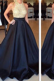 New Arrival Crew Neck Gold Sequins Black Satin Backless Sleeveless Prom Dresses uk PW440