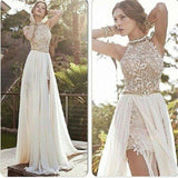 2017 Sexy Lace Backless Long Chiffon High Neckline Halter Side Slit Prom Dress uk Wedding Dress