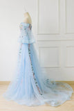 Light Blue Off the Shoulder Sweetheart Half Sleeve Prom Dress P1242