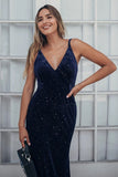 Spaghetti Straps V-Neck Velvet Dark Navy Blue Mermaid Evening Dresses P1183