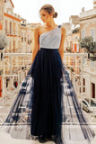 Flowy One Shoulder Navy Blue Tulle Long Prom Dress Formal Dress P1193