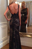 Long Prom Dresses uk Mermaid Scoop Neck Lace Beading Black Backless Evening Dress PM696