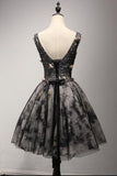 A Line V-Neck Short Black Lace Homecoming Dress