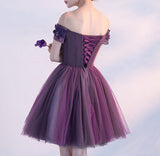 A line Dark Purple Off-shoulder Short Sexy Appliqued Homecoming Dress with Beads PM173