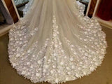 Lace Appliqued And Flowers Chapel Train Pretty Ball Gown Wedding Dresses PM564