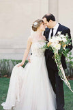 A-Line Sweetheart Court Train Sleeveless White Wedding Dress with Lace Beading PM94