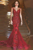 Sexy Burgundy Mermaid V-Neck Sleeveless Floor-Length Appliques Prom Dresses uk PM283