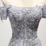 Dusty Blue A-Line Off-the-Shoulder Tulle Lace up Prom Dresses uk with Appliques Lace PM956