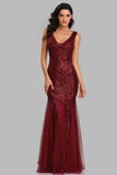 Sexy Burgundy Tulle V-Neck Mermaid Sequin Prom Dresses XU90813