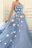 One Shoulder Blue Tulle 3D Flowers Prom Dress P1293