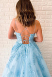 Unique A Line Sky Blue Tulle Appliques Beads Scoop Prom Dress with Lace up P1486