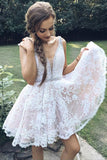 A Line Deep V-Neck Ivory Lace Beads Pink Satin Sleeveless Homecoming Dresses PH679