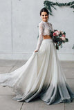 Elegant Two Pieces Chiffon Long Sleeves Wedding Dress with Lace Appliques W1201