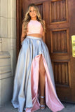 A Line Pink Grey Double Sides Wearable Prom Dresses High Slit Taffeta Evening Dresses P1309