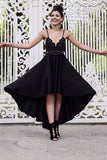 A Line Black V neck Short High Low Spaghetti Straps Prom Dresses, Homecoming Dress PH692