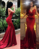 Chic Red Spaghetti Straps Mermaid V Neck Prom Dress with Appliques Formal Dress P1418