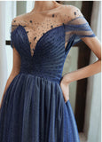 Charming A Line Blue Ombre Tulle Prom Dress with Open Back Evening Dress P1448