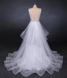 Elegant V-Neck Tulle Open Back Wedding Dress Asymmetrical Long Bridal Dress W1143