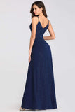 Sexy V-Neck Long Spaghetti Straps Mermaid Navy Blue Prom Dresses with High Split P1174