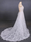 Spaghetti Straps V-Neck Lace Off White Wedding Dress with Criss Cross Bridal Dress W1127