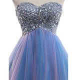 2017 Strapless Cute Sweetheart Tulle Beading Blue Rhinestone Short Homecoming Dresses PM190