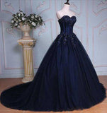 Princess Ball Gown Sweetheart Navy Blue Beads Ruffles Long Tulle Prom Dresses uk with Lace up PH236