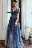 Charming A Line Blue Ombre Tulle Prom Dress with Open Back Evening Dress P1448