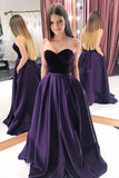 A Line Purple Satin Sweetheart Long Prom Dresses With Pockets, Strapless Evening Dresses P1298