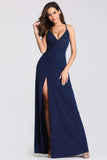 Sexy V-Neck Long Spaghetti Straps Mermaid Navy Blue Prom Dresses with High Split P1174