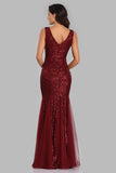 Sexy Burgundy Tulle V-Neck Mermaid Sequin Prom Dresses XU90813