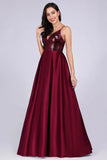 Deep V-Neck Long Sleeveless Spaghetti Straps Burgundy Satin Evening Prom Dress P1187