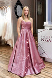 Unique A-line Pink Sequins Spaghetti Straps Prom Dresses Evening Dresses P1474