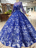 Ball Gown Blue Round Neck Prom Dresses with Beads Lace up Quinceanera Dresses PW784