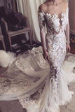 Illusion Neckline Lace Appliques Mermaid Long Sleeves Chapel Train Wedding Dress PM295