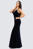 Spaghetti Straps V-Neck Velvet Dark Navy Blue Mermaid Evening Dresses P1183