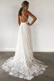 A-Line V-Neck Criss-Cross Straps Backless Court Train Lace Slit Beach Wedding Dress PM356