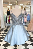 Straps Short Silver Beads Backless V-Neck A-Line Tulle Homecoming Dresses PM167