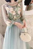 Elegant Long Sleeves Appliqued Tulle Prom Dress Floor Length Appliques Evening Dress P1249