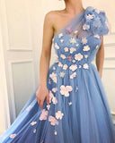 One Shoulder Blue Tulle 3D Flowers Prom Dress P1293