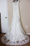 Mermaid Lace Appliques Ivory Cap Sleeves Button Long V-Neck Wedding Dresses PH856