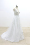 V-Cut shape Back Tulle Lace Appliques A Line Open Back Beach Wedding Dresses PH648