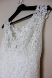 Mermaid Lace Appliques Ivory Cap Sleeves Button Long V-Neck Wedding Dresses PH856