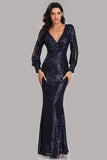 Long Split Sleeve Mermaid V-Neck Dark Navy Blue Sequins Prom Dresses, Formal Dresses XU90814