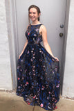 Gorgeous A Line Bateau Blue Floral Tulle Long Prom Dresses, Cheap Formal Dresses P1178