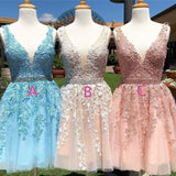 Cute Red Lace Appliques Homecoming Dress V-Neck Tulle Above Knee Short Prom Dress PW983