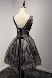 A Line V-Neck Short Black Lace Homecoming Dress