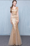 Golden Sequins V-Neck Mermaid Elegant Tulle Sleeveless Prom Dresses uk with Sash Bowknot PH248